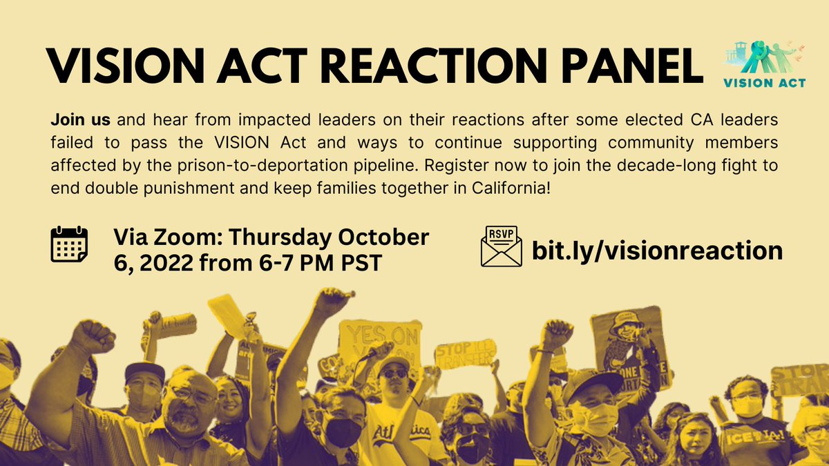 iceoutofca's tweet photo. Our #VISIONAct reaction panel is TONIGHT at 6 pm! Hear from impacted speakers about their reactions to CA leaders failing to pass this urgent bill + their hopes for the future. Join in to learn how you can continue supporting the work to #StopICEtransfers: https://t.co/ztO8dlFEI3 https://t.co/TYTaIr8L17