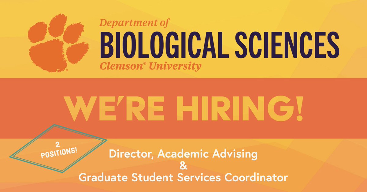 clemson_biolsci's tweet photo. BioSci is hiring 2 positions!
Director, Academic Advising - Job ID 107193
Graduate Student Services Coordinator - Job ID 107196 
Review the full job descriptions at https://t.co/JZoguc0MUQ and apply by October 19.  Come join our fantastic team! https://t.co/JeKshjLY19