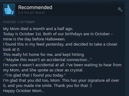 TidalBlossoms's tweet photo. Wow, this review got me 😭♥️ 

I wish I had more to say, but it's hard to describe the feeling of reading this as a game dev???

#indiegame #gamedev https://t.co/l24Isqi83S
