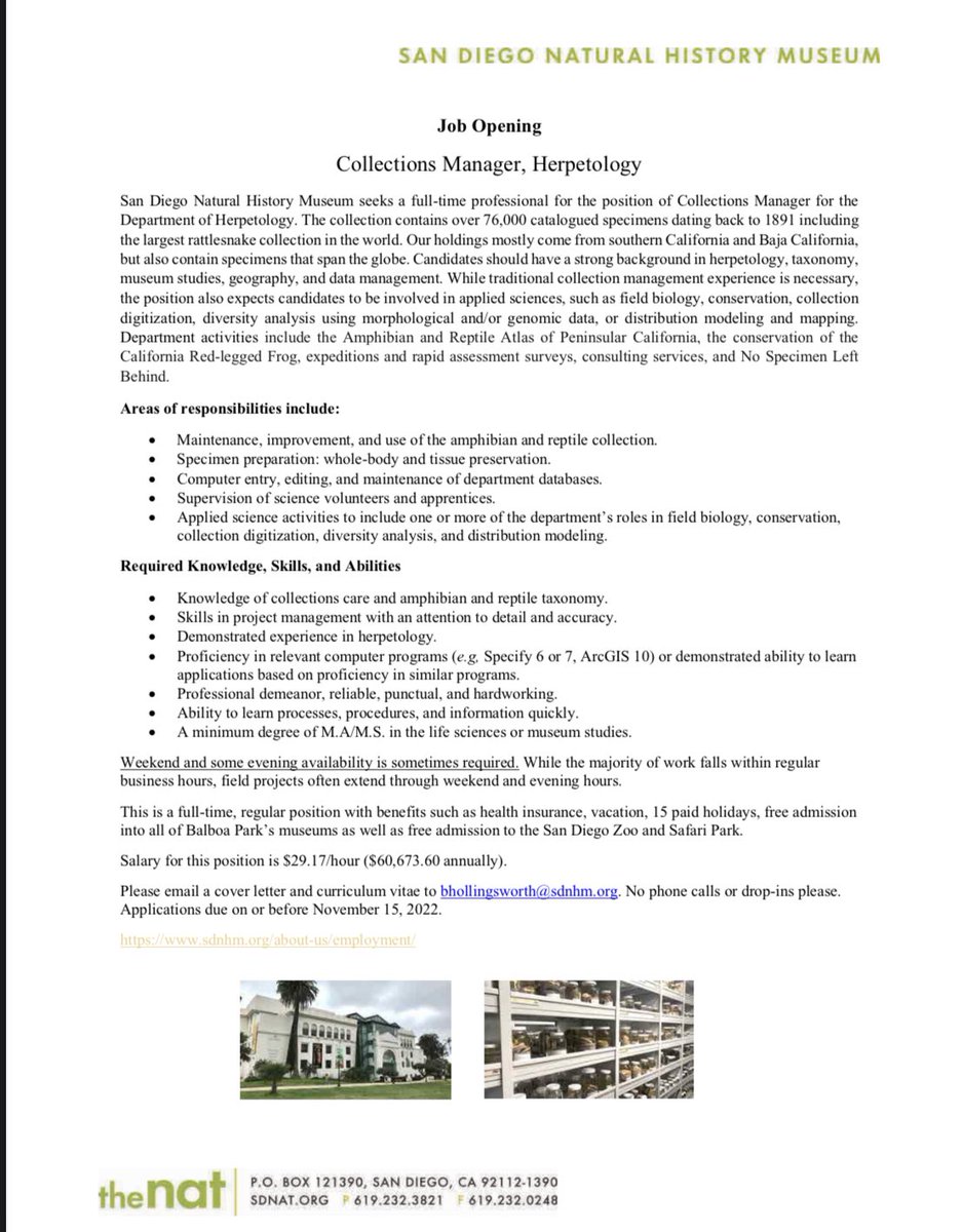 Collections manager for herp job at San Diego Natural History Museum, pass it on!