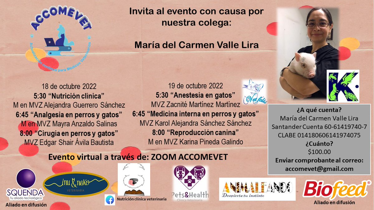 SQUENDA's tweet photo. #EventoConCausa
💻"Nutrición clínica" "Analgesia en perros y gatos" "Cirugía en perros y gatos" "Anestesia en gatos" "Medicina interna en perros y gatos" "Reproducción canina"
💳 $100 MXN
📆18 y 19 de oct
😉Organizador: #ACCOMEVET
📩 Informes: accomevet@gmail.com
#AlianzaSquenda https://t.co/JrHIPi6GUS