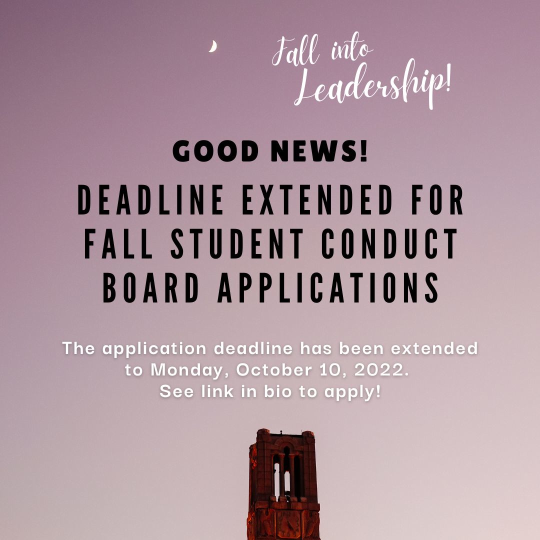 There is still time to apply. Fall applications for the Student Conduct Board have been extended until Monday, October 10, 2022. See link in bio to apply...