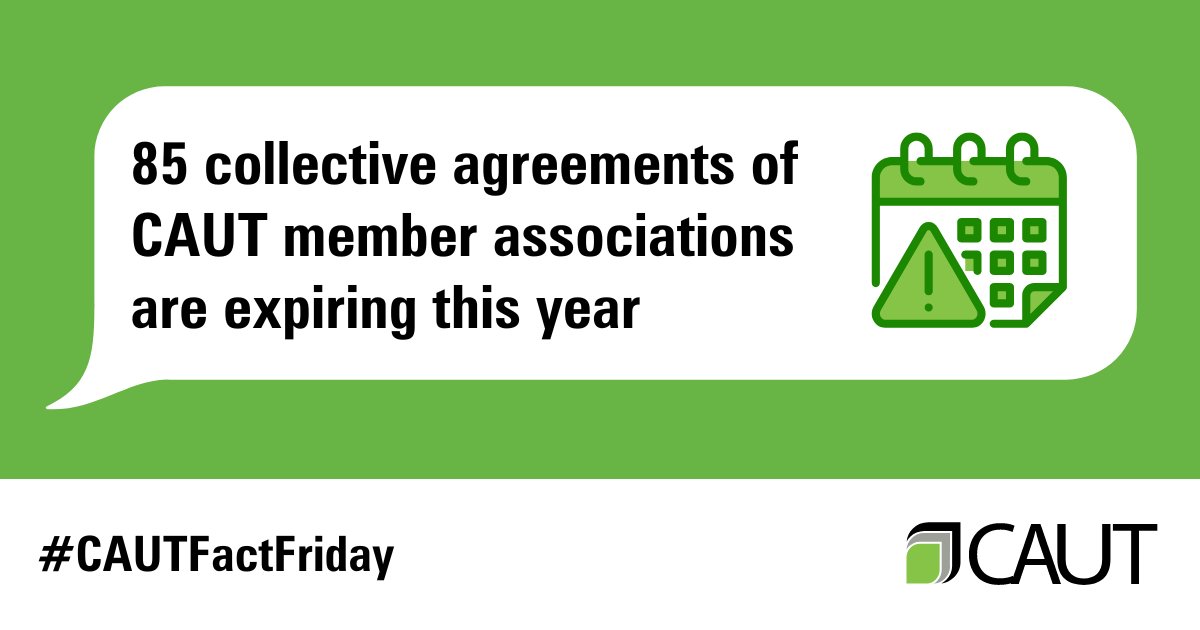 CAUT_ACPPU's tweet photo. 85 collective agreements of CAUT member associations are expiring this year.

#CAUTFactFriday https://t.co/WcFq6Xx1pF