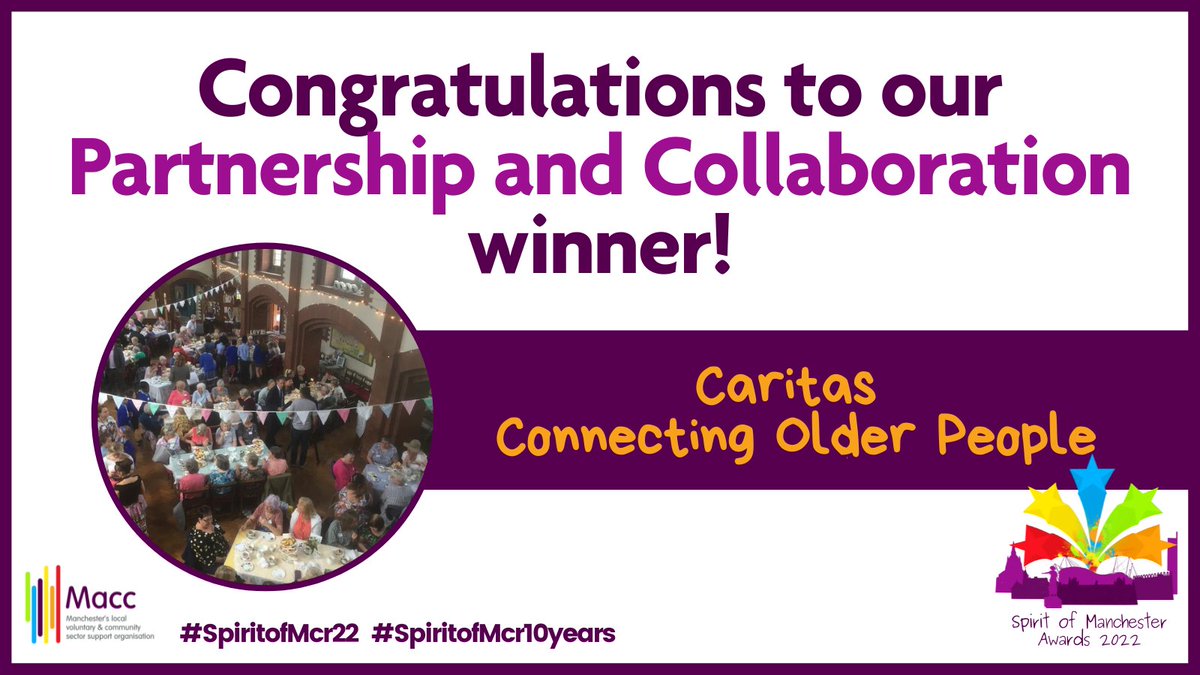 It's been an incredible #SpiritofMcr22 hearing the amazing work going on in our city. We were thrilled that our Cornerstone & Morning Star teams were shortlisted & our Connecting Older People team were winners too. Thanks to everyone involved in a fabulous event.