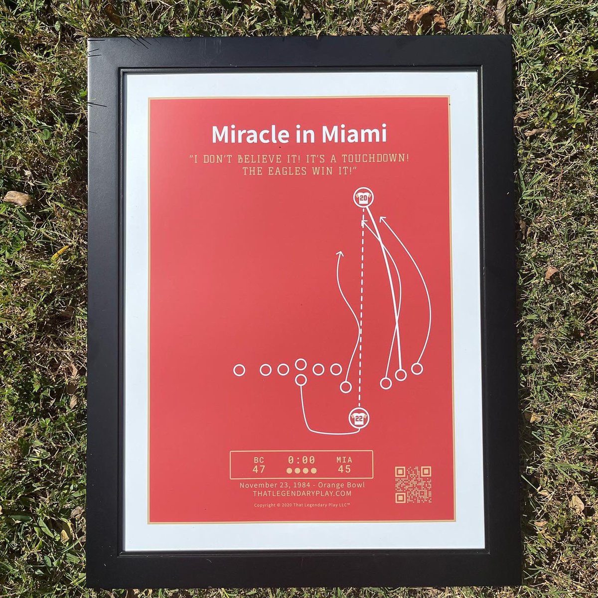 joeykent's tweet photo. New print available now on https://t.co/FNd2FjeSIG
The game referred to as the “Miracle in Miami” was played between the Boston College Eagles and the Miami Hurricanes on November 23rd, 1984 at the Orange Bowl in Miami Florida.
#BostonCollege
#MiracleInMiami https://t.co/9YjciIENuz