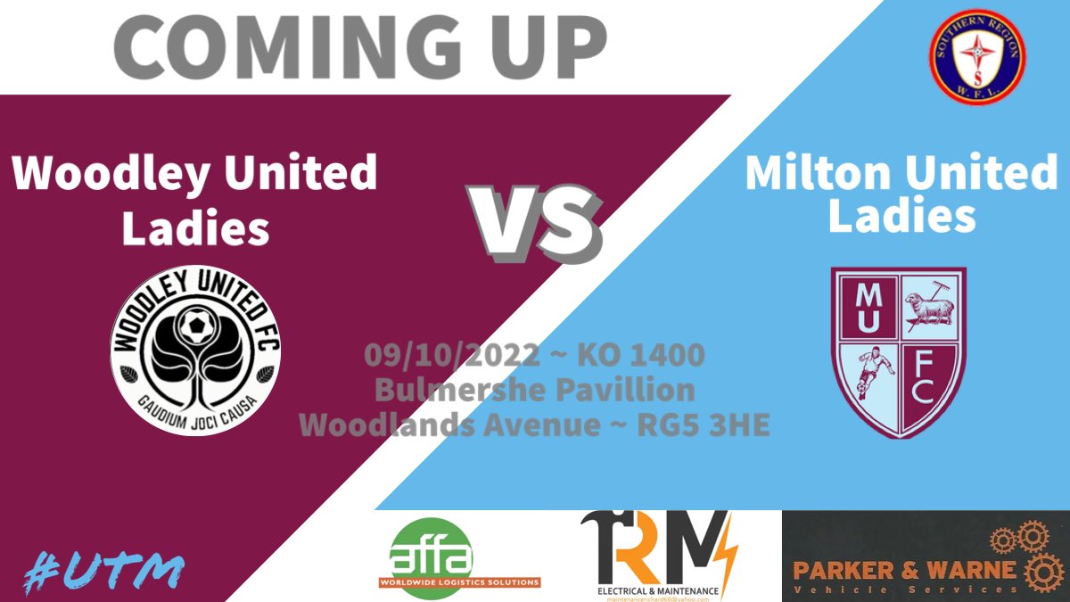 MiltonUtdLadies's tweet photo. After a tough game against @AscotLadiesFC last weekend we are back in @SthRgnWFL action⚽️

🆚 @WoodleyUtdLFC 
🏆@SthRgnWFL 
📍Bulmershe Pavillion • RG5 3HE
📆 Sunday 9th October 
⏰ 1400 Kick off
#UTM

https://t.co/uJ8w3i1WQt • https://t.co/7Bsy85qrqC • https://t.co/fKdFXFFhX5 https://t.co/HFYTEzuN0e