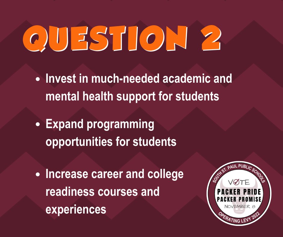 SSPPS6's tweet photo. Question #2 of the school district’s November 8 operating levy request seeks voter approval of an additional increase of $250 per student. Question #1 must pass in order for Question #2 to pass. For more information, visit https://t.co/OOpQKGSPbu. #PackerPride #PackerPromise https://t.co/iIMOyYYQcZ