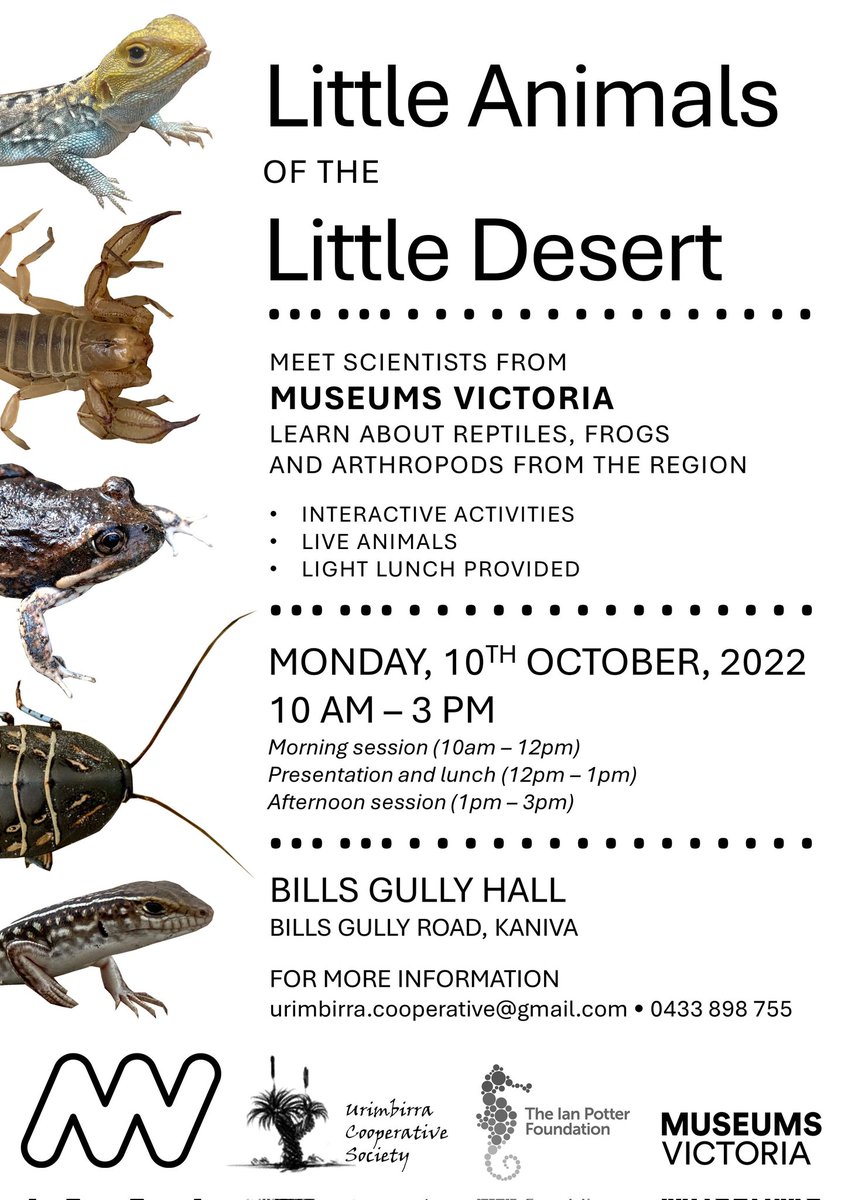 Interested in animals living in the Little Desert, western Victoria? Come along! Monday 10th October, Bill's Gully Hall, Kaniva. Our Museums Victoria science and live exhibits team, along with Urimbirra Co-Op will be hosting a community day. @museumsvictoria @Claire_A_McLean