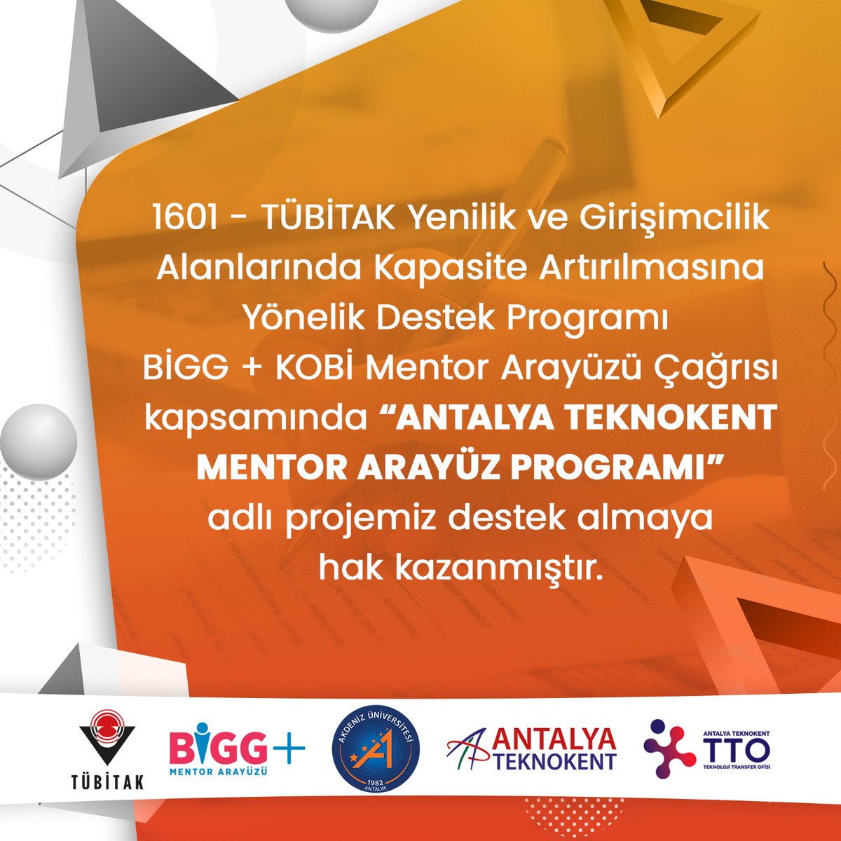 1601 - TÜBİTAK BİGG + KOBİ Mentor Arayüzü Çağrısı kapsamında “ANTALYA TEKNOKENT MENTOR ARAYÜZ PROGRAMI” adlı projemiz
1 Milyon 740 bin TL destek almaya hak kazanmıştır. Tüm ekibimi tebrik ediyorum 👏🧿 <a href="/Ateknokent/">Antalya Teknokent</a> <a href="/AtekTTO/">Antalya Teknokent TTO</a> <a href="/Akdenizun/">Akdeniz Üniversitesi</a> <a href="/ozlenenozkn/">Prof.Dr. Özlenen Özkan</a> <a href="/ProfHasanMandal/">Prof. Dr. Hasan Mandal</a> <a href="/Tubitak/">TÜBİTAK</a>