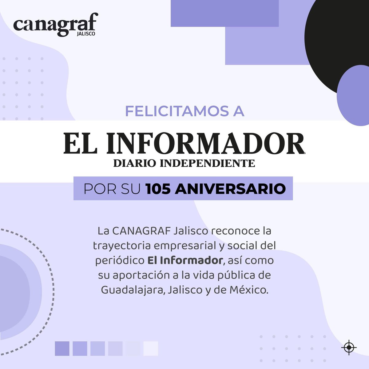 La CANAGRAF Jalisco felicita por su aniversario 105 a El Informador, sin duda el medio impreso más importante de nuestro estado.

!Enhorabuena! 

<a href="/informador/">𝐄𝐋 𝐈𝐍𝐅𝐎𝐑𝐌𝐀𝐃𝐎𝐑</a>