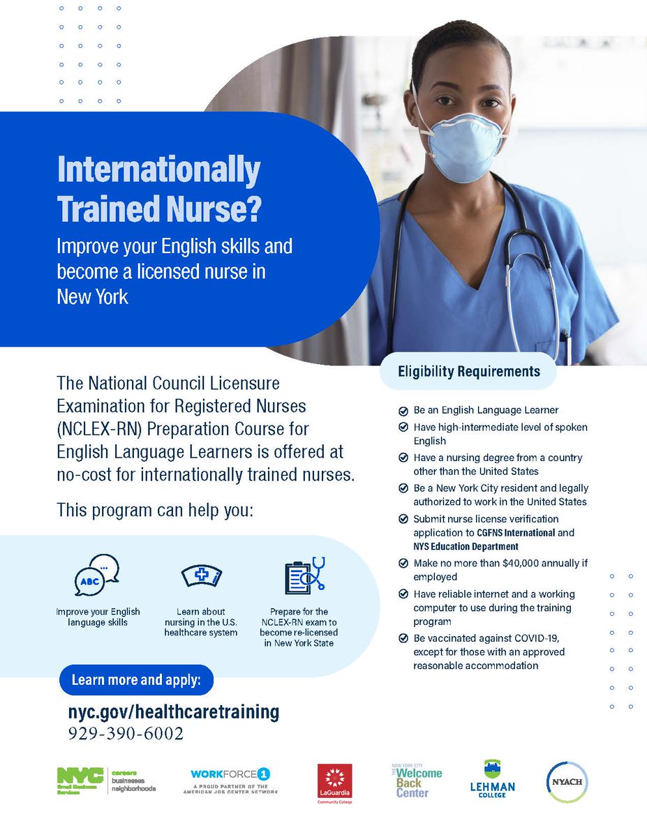 Are you an internationally-trained nurse? Improve your English and get licensed in New York! The NCLEX-RN Preparation Course for English Language Learners is offered at Lehman College at no cost.  #NCLEX-RN <a href="/NCLEXInfo/">NCLEX NCSBN</a> 

Learn more and apply:
929-390-6002
nyc.gov/healthcaretrai…