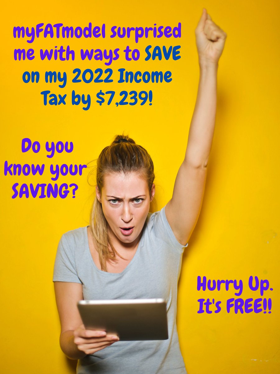 MyFATmodel's tweet image. You can still take steps and SAVE thousands on your 2022 income taxes. Estimate your tax savings now. Time is running out for 2022. Hurry up and it's FREE!!
.
.
. 
#myFATmodel #PersonalFinance #Taxes #TaxPlanning #FinancialPlanning #TaxForecasting #TaxReturns #IRS