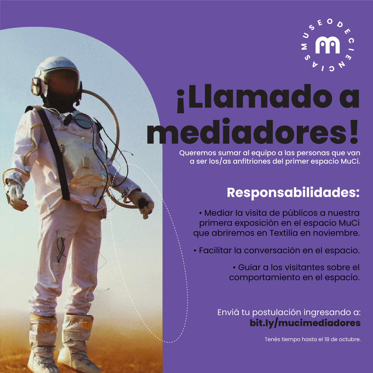 muci_py's tweet photo. ¡Sumate al equipo de Mediadores MuCi para nuestra primera exhibición! 🤩

Queremos sumar al equipo MuCi a las personas que van a ser los/as anfitriones del primer espacio MuCi :)

🔗 Si crees que tenés lo que buscamos, enviá tu postulación ingresando a https://t.co/MRwVIowdnQ. https://t.co/fYf0N3SObD