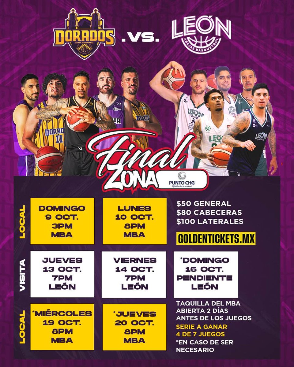¡HABEMUS calendario de Finales de Zona!

El MBA necesita de tu apoyo, tenemos que ganar 4 juegos de 7. 

Acompáñanos para que seas el jugador 6 de la duela. 

¡Abrimos en casa este Domingo a las 3 y Lunes a las 8!

#DoradosSomosTodos #SomosHistoria