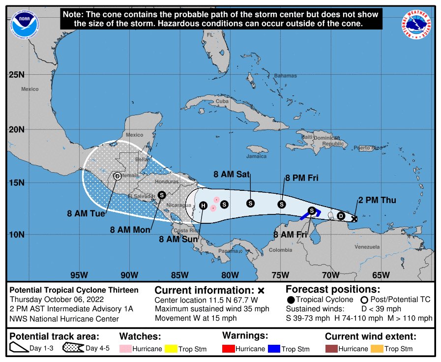 InfoMeteoro's tweet photo. 🟠🌀VIGILANCIA: Potencial de Ciclón Tropical Trece podría evolucionar a Tormenta Julia en próximas 12-24 horas al norte de Colombia, mientras se mueve al oeste.

🔴IMPORTANTE: sigue siendo amenaza para el sur-sureste de México durante la próxima semana. 

⚠️PENDIENTES⚠️ https://t.co/sjwNpnUJIV