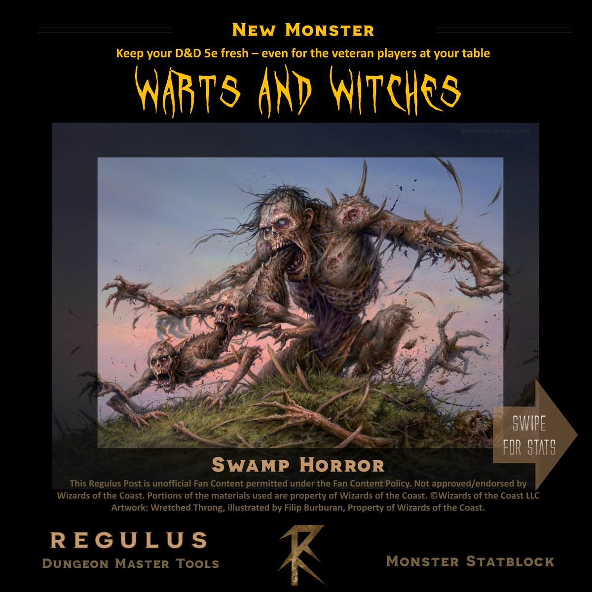 regulustweets's tweet photo. NEW MONSTER // Swamp Horrors are terrific monsters... er... I mean terrifying monsters!
Check out the statblock for them over at my instagram https://t.co/4H2bHCdbqP
#dnd #dnd5e #ttrpg #rpg #regulusabilities #dndmonsters #dndhomebrew #dungeonmaster #monsterstats #dmtips https://t.co/v9IDlbQXBi