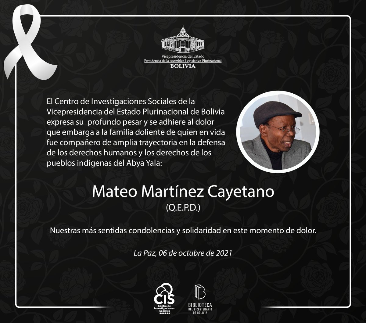 CISBolivia's tweet photo. 𝗖𝗼𝗻𝗱𝗼𝗹𝗲𝗻𝗰𝗶𝗮 ✝️
Enviamos nuestro más sentido pésame a la familia doliente de nuestro compañero de trabajo, gran líder y maestro comprometido con la lucha de los pueblos indígenas. https://t.co/jo1d73w1qe
