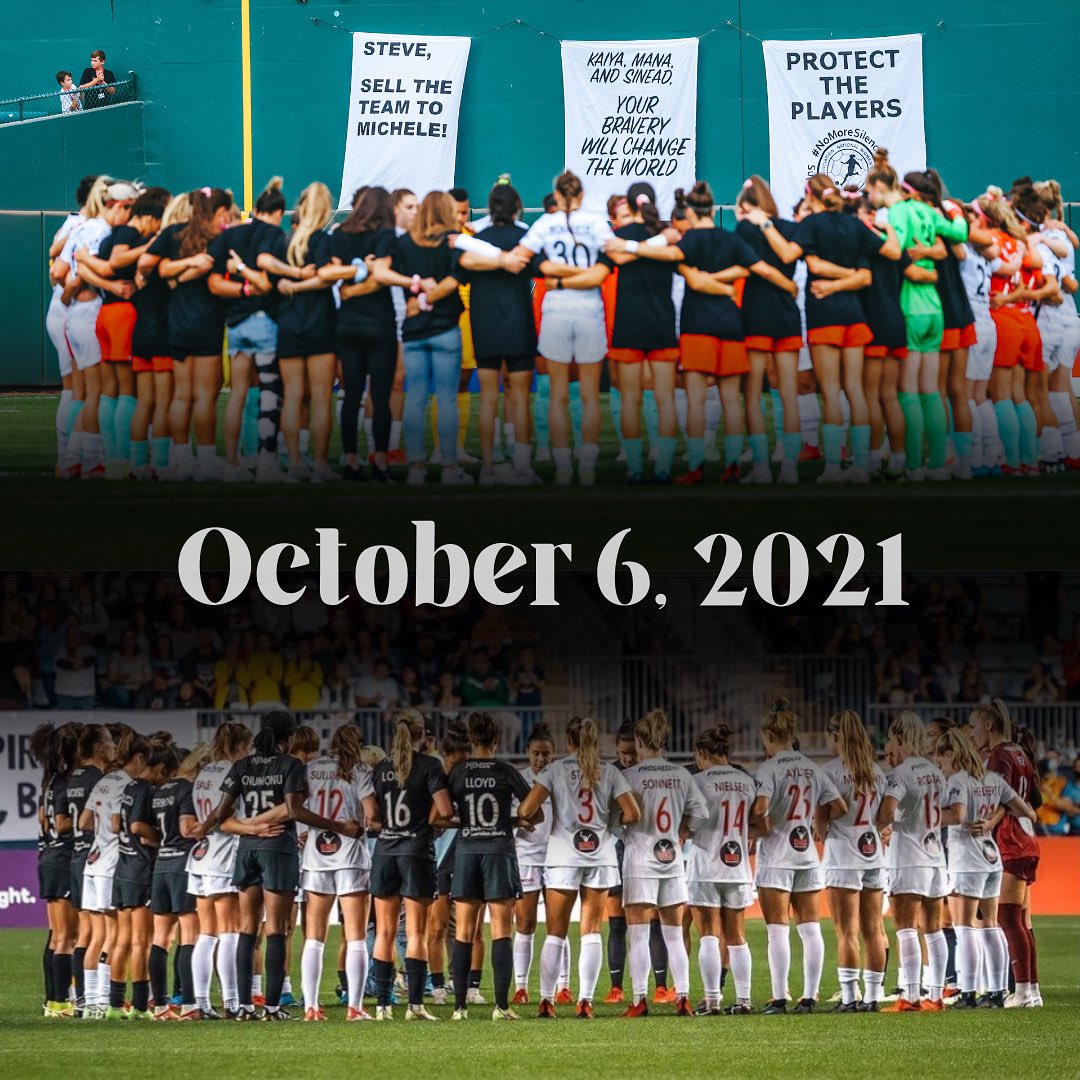 nwsl_players's tweet photo. On October 6, 2021 and in the days that followed, NWSL teams stopped play at the 6th minute and joined together, arm in arm, in a circle of solidarity at center field. https://t.co/wS2eifg990