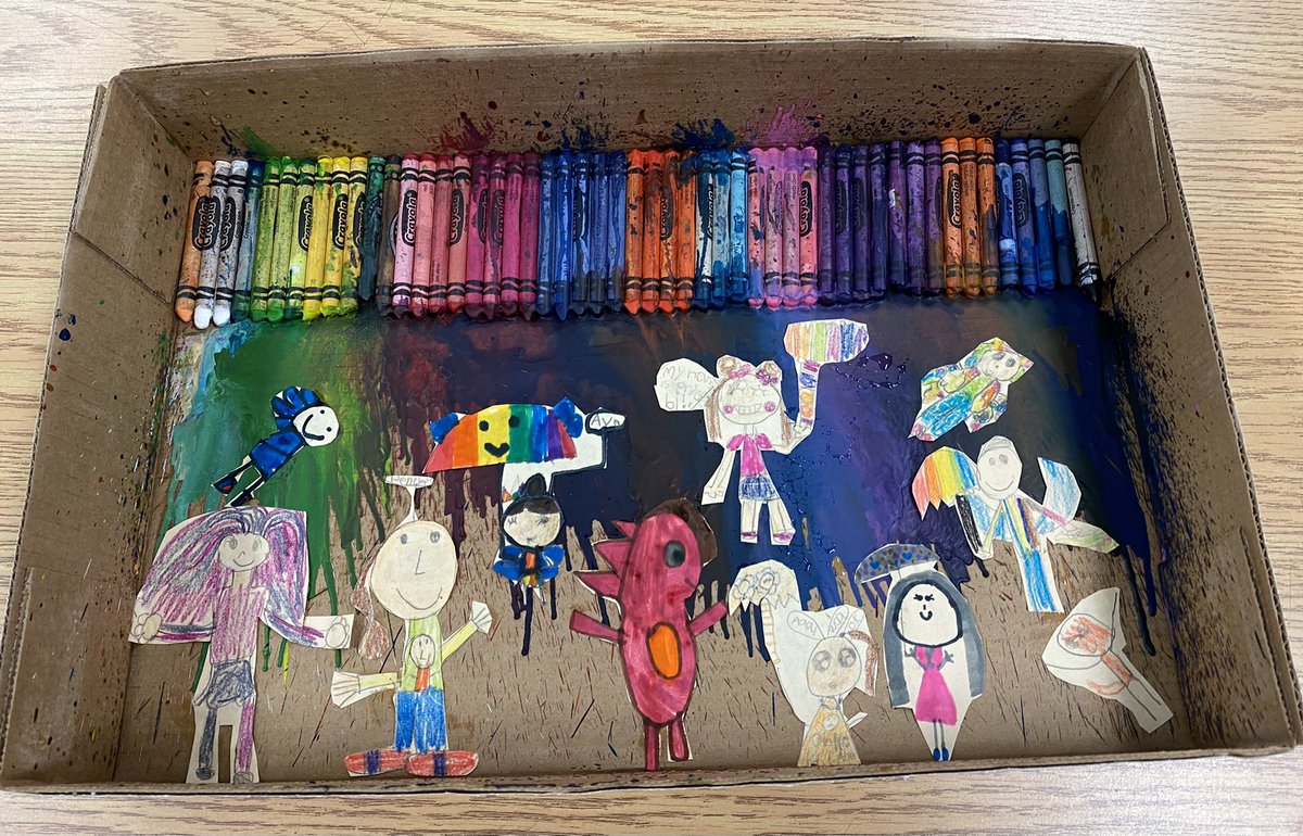 carrie0772's tweet photo. 1st Dual review heating and cooling matter by melting crayons. Then review fairytales, plot elements, caps and punctuation using the melted crayons as a setting, creating characters and writing about them. Students enjoyed the multi subject activity! #fisherES #fishertigers https://t.co/g0Ve10e3bE