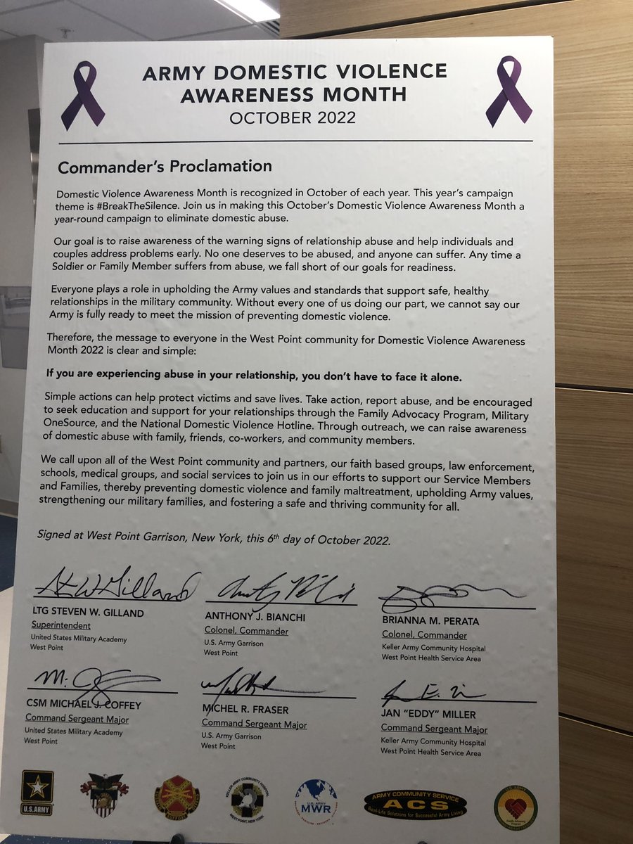 At <a href="/WestPoint_USMA/">U.S. Military Academy at West Point</a> today, we were proud to join Command Sergeant Major Michel Fraser, Colonel Anthony Bianchi, and Dr. Joseph Gall, Director of Army Community Service, as well as West Point's Family Advocacy Program at the DV Proclamation Ceremony. #DVAM2022 #BreaktheSilence