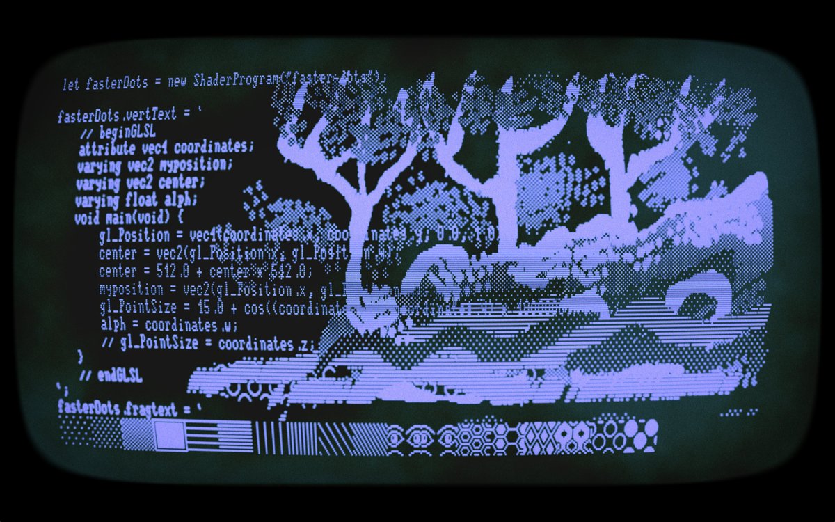 PelletierAuger's tweet photo. I’m writing a new live coding environment for SuperCollider and WebGL shaders, with a fuzzy CRT monitor look. It allows you to draw on your pages of code with tools inspired by MacPaint, to illuminate and adorn your code. #generative #supercollider #javascript #pixelart #1bit https://t.co/zaI3o3nz36