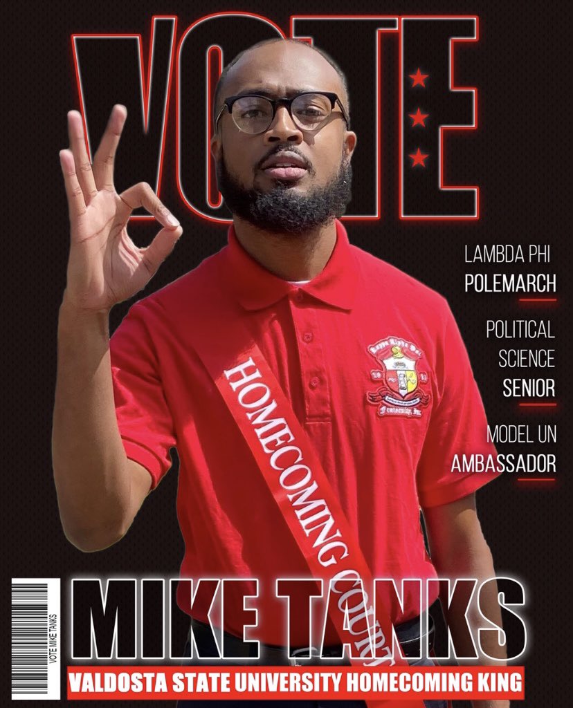 FieryNupes's tweet photo. Vote Michael Tanks for Valdosta State University 2022 Homecoming King 🤴🏽 https://t.co/o3Nx9qrgs9