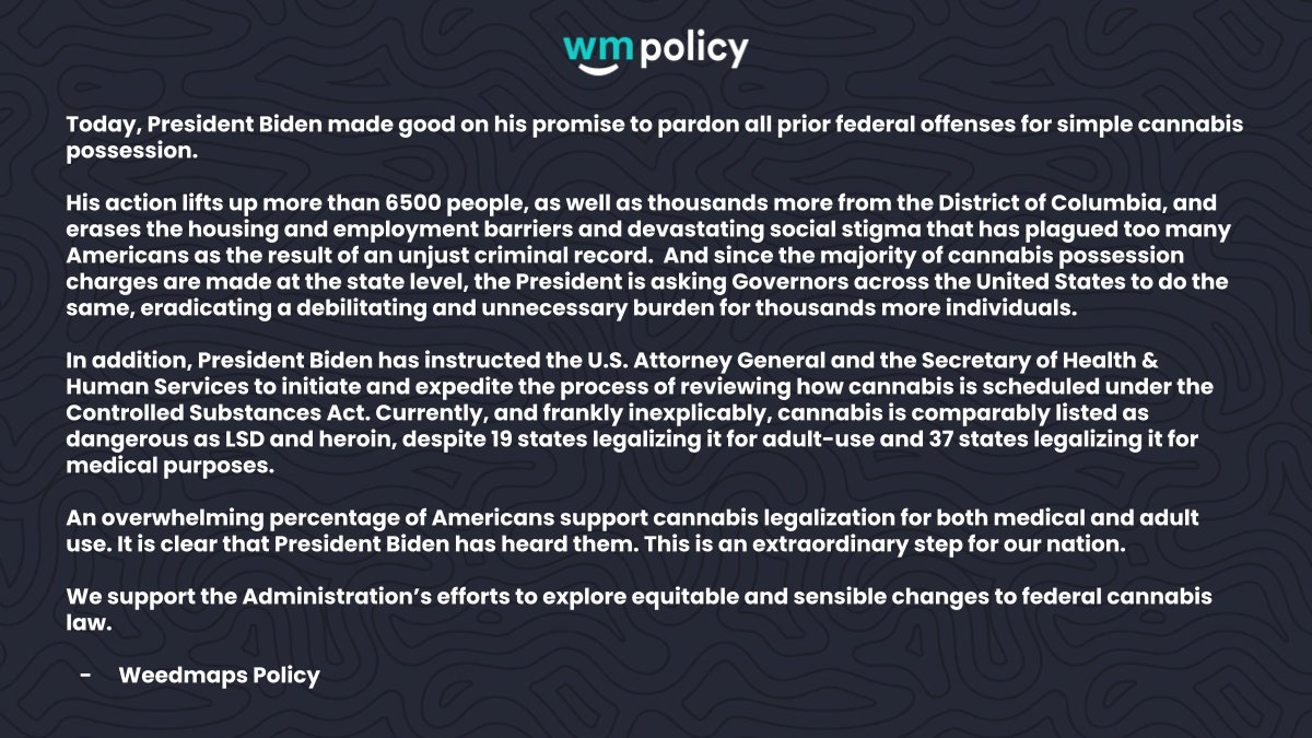 Our statement on President Biden’s ground-breaking announcement. He is pardoning federal cannabis convictions and reviewing cannabis’ Schedule I classification.

Thank you <a href="/POTUS/">President Donald J. Trump</a> for your leadership!