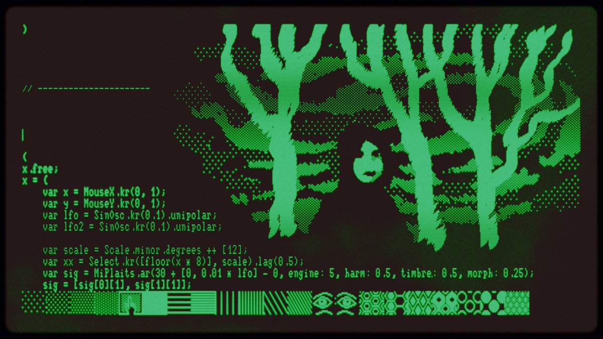 PelletierAuger's tweet photo. I’m writing a new live coding environment for SuperCollider and WebGL shaders, with a fuzzy CRT monitor look. It allows you to draw on your pages of code with tools inspired by MacPaint, to illuminate and adorn your code. #generative #supercollider #javascript #pixelart #1bit https://t.co/zaI3o3nz36