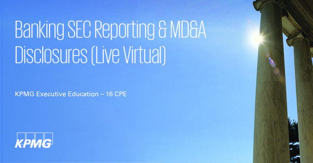 TriciaMaz's tweet photo. Banking SEC Reporting &amp; MD&amp;A Disclosures (16 hours over 4 days), a live virtual seminar offered December 5–8, is geared toward finance professionals at publicly reporting banks (or banks planning an IPO). Estimated CPE: 16 https://t.co/A8kNa7FWCg https://t.co/s4PvH1FNu9