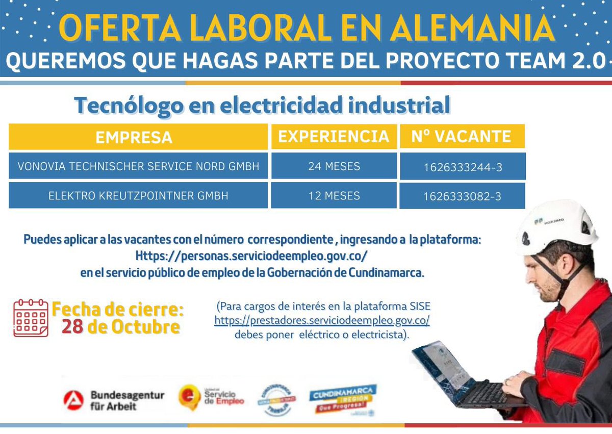 ApeCundinamarca's tweet photo. #EmpleoCundinamarca ✅ Importante oferta laboral en el país de Alemania 🇩🇪requiere Tecnólogo en electricidad industrial, si deseas hacer parte de esta convocatoria regístrate en la plataforma 👇
Recuerda fecha de cierre 28 de Octubre.
#RegiónQueProgresa
#proyectoTEAM https://t.co/yyrTw410qn