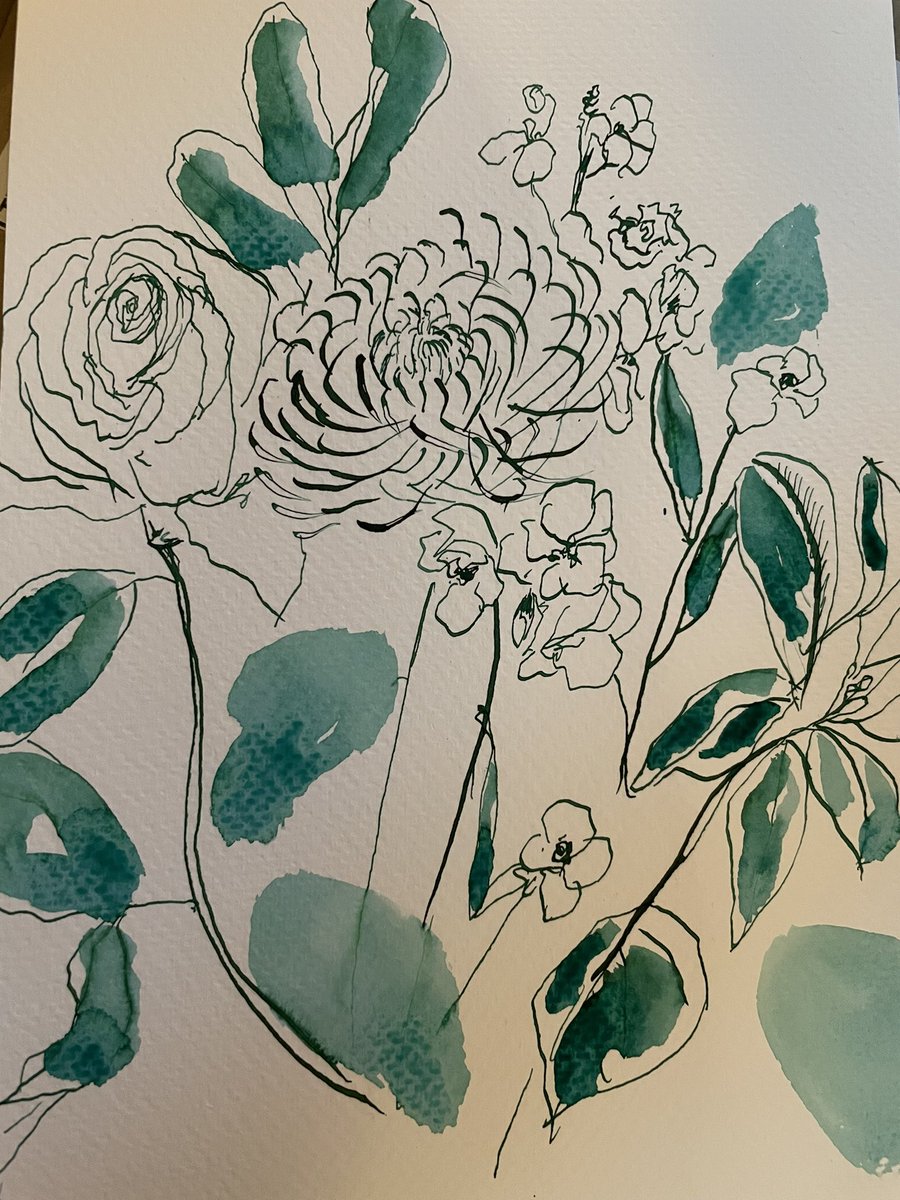 Meg_G_author's tweet image. Today’s #inktober was #boutique so I bought myself some #flowers and sketched them direct with #ink and then some quick #brushstroke. It almost works. #inktober2022 #inktober2022bouquet #inktober2022day6