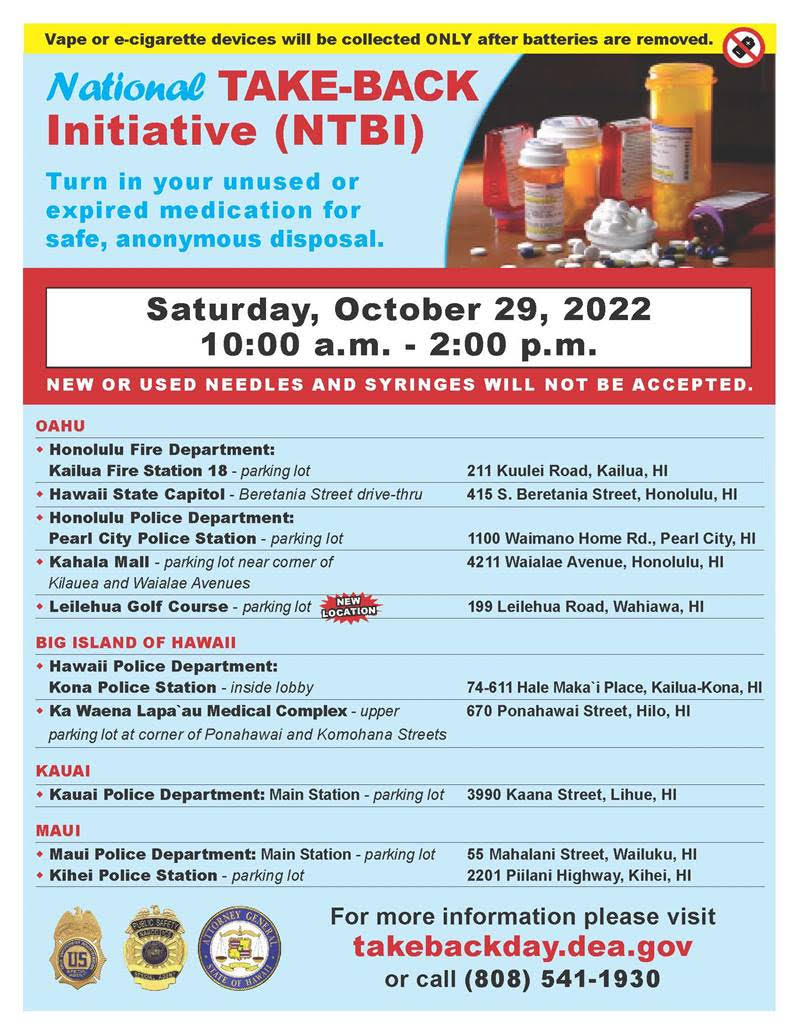 HIAddictionMed's tweet photo. Today is medication take-back day! Don't forget to turn in your unused or expired meds at one of the designated sites between 10am - 2pm.
#drugtakeback #medicationtakeback https://t.co/Qf0gMKwxo2