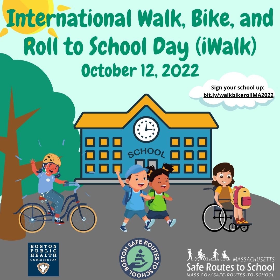BostonBTD's tweet photo. This year’s Walk, Bike and Roll to School Day is taking place on Wednesday, October 12, 2022, to celebrate students’ active commutes – including walking, biking, and rolling to school, or even during recess or lunch. #MASRTS https://t.co/3xEa9KpKGP