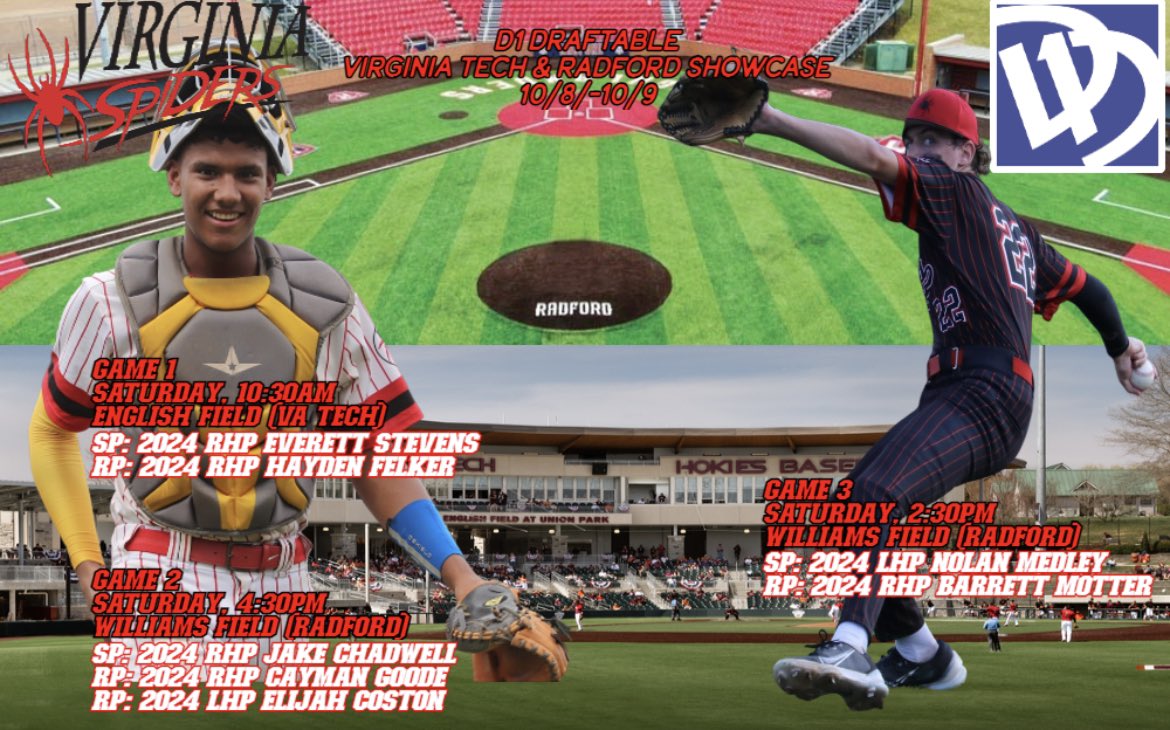 IBShowcase_BB's tweet photo. Virginia Spiders 2024 Schedule &amp; Rotation for @D1DraftFutures Virginia Tech &amp; Radford showcase this weekend.

Check the thread below for video clips of each arm!

@AGBaseball9 @wcbourne @elbin_kurt  @VTCoachSzefc @Sam_rob4 @CoachRayNoe @Coach_Leez @JimmyJackson28 @Zullrich8 https://t.co/ysrcy4dEMr