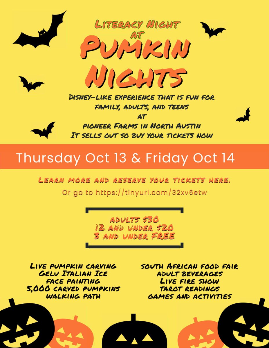LCWILCO1's tweet image. Pumpkin Nights, it's the fall 🎃 version of Trail of Lights!

Support Literacy Council WILCO by purchasing tickets here tinyurl.com/32xv6etw

#pumpkinnights #centraltxfun #atxfun #roundrocktx #georgetowntx