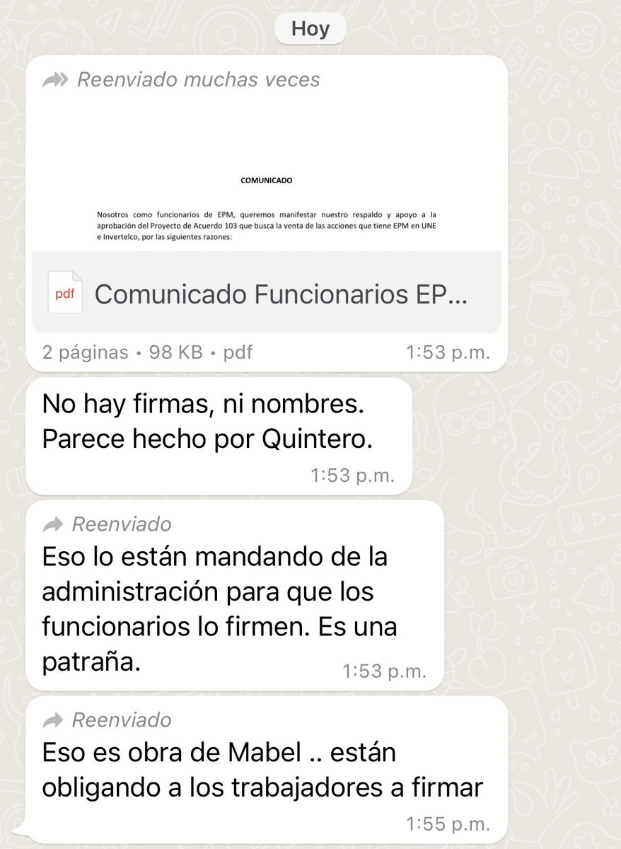 danielduquev's tweet photo. Les comparto mensaje que me hacen llegar empleados de EPM. El mensaje me lo enviaron a la 1:53 pm, el alcalde puso el trino minutos más tarde. Gracias al talento humano de EPM. Resistan. No hay mal que dure 100 años. https://t.co/WIVc4BGHHE