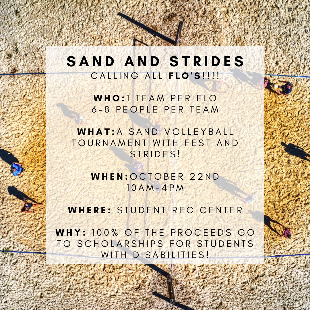 letsmakestrides's tweet photo. 🚨ATTENTION ALL FLOS🚨
FEST and STRIDES are hosting a sand volleyball tournament in 3 WEEKS! Find your FLO, grab a team, and come out to this super fun event! Come win the tournament and know that all of the proceeds go to scholarships for students with disabilities here at A&amp;M! https://t.co/qzWZiOU1uz