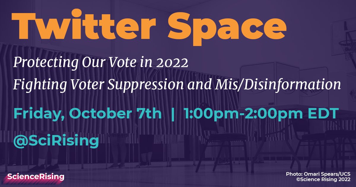 Science Rising (@scirising) on Twitter photo We'll be listening in on this conversation Friday 10/7 1-2pmET featuring <a href="/866OURVOTE/">Election Protection</a> <a href="/CommonCause/">Common Cause</a> <a href="/natlvoteredweek/">National Voter Education Week</a> <a href="/LawyersComm/">Lawyers' Committee for Civil Rights Under Law</a>--we hope you will too! Learn about countering disinformation around voting We'll be listening in on this conversation Friday 10/7 1-2pmET featuring <a href="/866OURVOTE/">Election Protection</a> <a href="/CommonCause/">Common Cause</a> <a href="/natlvoteredweek/">National Voter Education Week</a> <a href="/LawyersComm/">Lawyers' Committee for Civil Rights Under Law</a>--we hope you will too! Learn about countering disinformation around voting