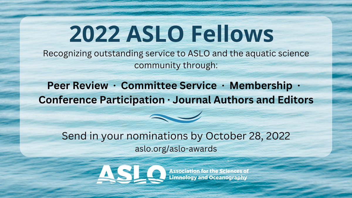 The ASLO Fellows program recognizes service to ASLO and the aquatic science community. Do you or someone you know qualify as a Fellow or Sustaining Fellow? Nominate them or apply by 28 October! Fellows will be recognized at #ASLO23 in Palma de Mallorca. aslo.org/nominations-aw…