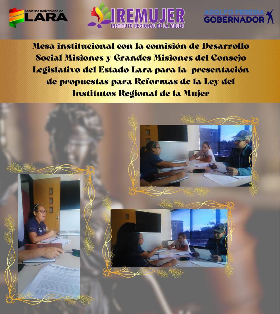 #6Oct <a href="/IremujerlaraO/">IREMUJER</a> sostuvo un encuentro con la Comisión de Desarrollo Social Misiones y Grandes Misiones del CLEL para la presentación de propuestas de reformas de Ley del Instituto Regional de la Mujer.

#PuebloConTechoPropio

<a href="/AdolfoP_Oficial/">Adolfo Pereira Gobernador</a> 
<a href="/gobiernodelara/">gobiernodelara</a>