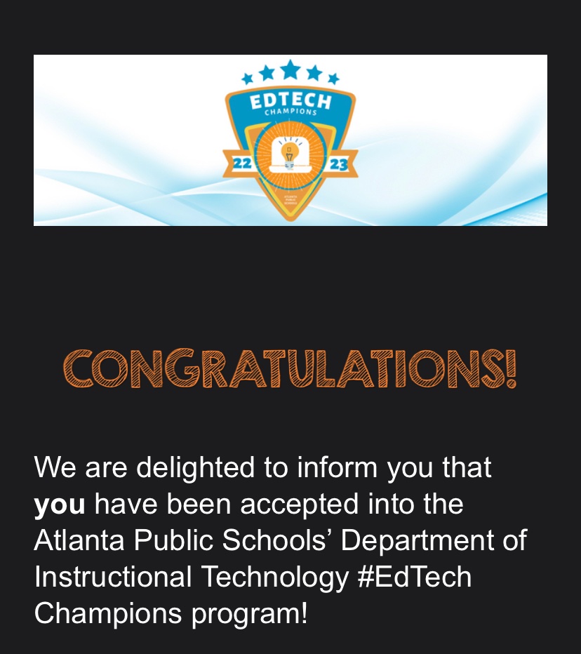 MsRichK5's tweet photo. So excited to be in the very 1st cohort of Atlanta Public Schools’ Department of Instructional Technology #EdTech Champions Program! 🎉💻👩🏾‍💻🤓 #TeachersWhoTech @APSInstructTech @APSEdTechChamps  #APSEdTechChamps @apsitjen @APSITMelissa https://t.co/0YaoJTk3jY