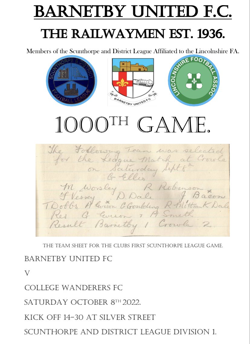 BarnetbyFc's tweet image. This Saturday sees The Railwaymen take on champions @CollegeWandFC  in what is the clubs 1000th Scunthorpe League game. A 16 page commemorative program is available.
College themselves are one of only 4 current sides in the 1000 club, this fixture being their 1170th.