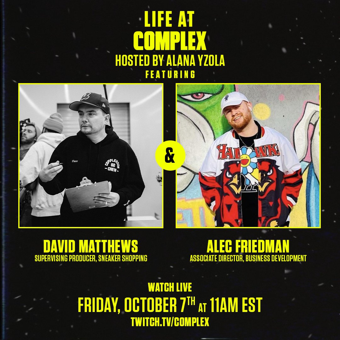 ComplexPop's tweet photo. Happening Now: #LifeAtComplex is live on Twitch. 🚨🎙

Join @dmmatthews7 &amp; @RedfootProjects for the episode. Hosted by @AlanaMYzola.

STREAM: https://t.co/yqBdCDETSU https://t.co/tvv4Zz5I2z
