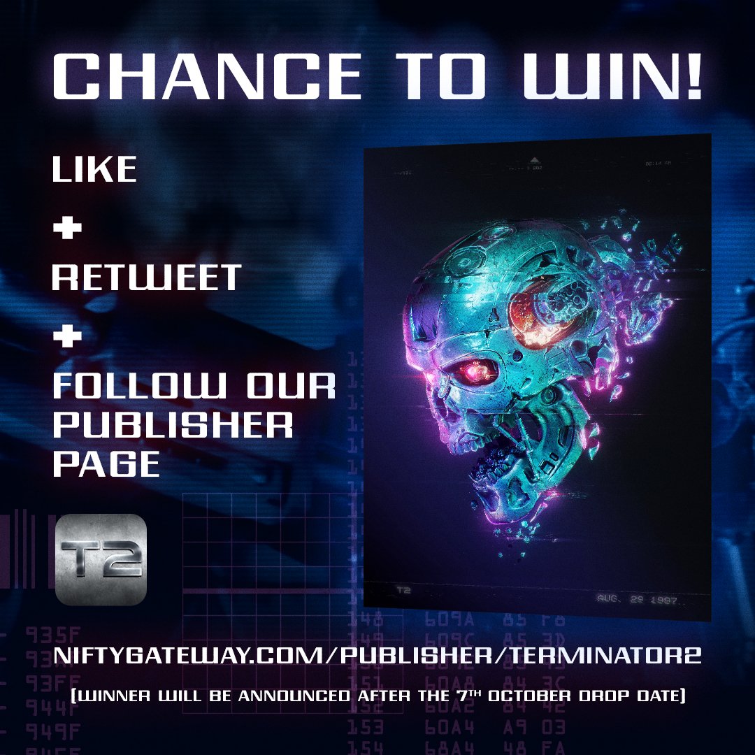 We're giving away 1 edition of "No Fate- Retro Future" from the upcoming Terminator 2 Art collection by <a href="/adamspizak/">Adam Spizak</a>, curated by <a href="/STUDIOCANAL/">STUDIOCANAL</a>

to enter:
-like and RT this tweet
-Follow the T2 publisher page on NG: niftygateway.com/publishers/ter…

We'll pick a winner after the Oct 7th drop
