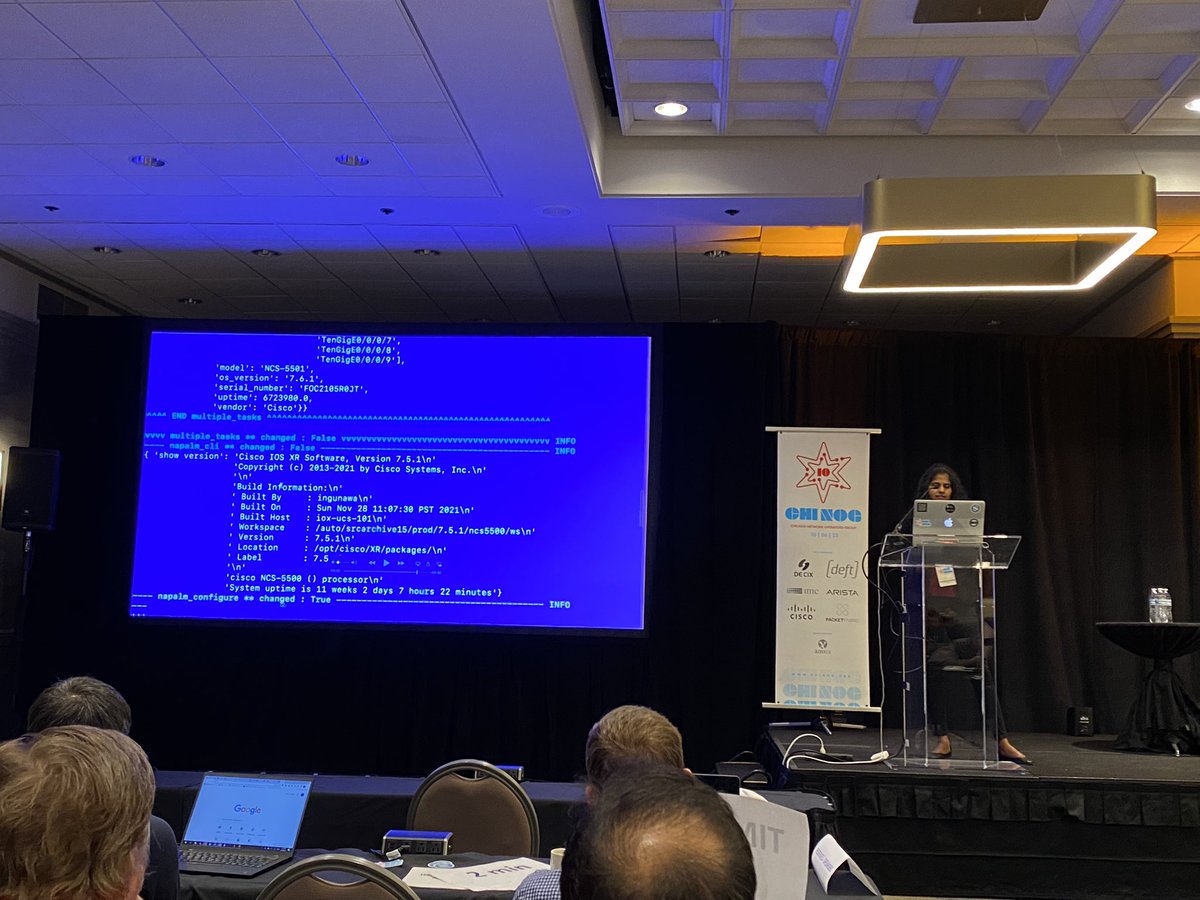 Jason Gooley (@jason_gooley) on Twitter photo <a href="/neelima_p_/">Neelima Parakala</a> is dropping knowledge here on how to have Efficient Network Automation with Nornir and Napalm!!!
#chinog10 #10Years <a href="/neelima_p_/">Neelima Parakala</a> is dropping knowledge here on how to have Efficient Network Automation with Nornir and Napalm!!!
#chinog10 #10Years