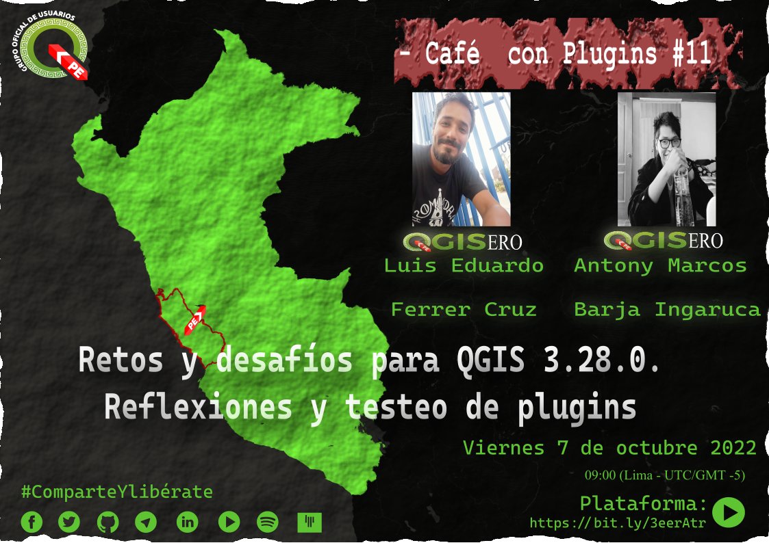 Essa sexta-feira, de 07/10/2022, marca a volta do #cafeconplugins , um evento da <a href="/qgispe/">Asociación QGIS Perú</a> . Com certeza acompanharei a fala dos colegas <a href="/quecrees/">Luchof</a>  e <a href="/antony_barja/">Antony.Barja</a> . Parabéns, comunidade #QGIS do Perú ,pelo retorno da iniciativa.
