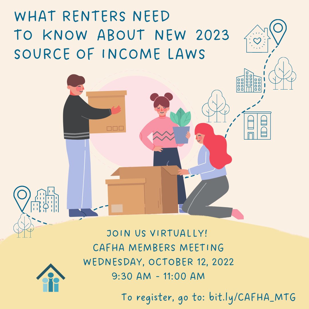 CAFHA's tweet image. If you’re a rental housing locator or someone who works with renters on a regular basis, register to join our meeting on OCT 12! 

We’re featuring a panel of experts from the Illinois Coalition for Fair Housing who’ll be speaking on #SourceOfIncome ! 

🔗 bit.ly/CAFHA_MTG