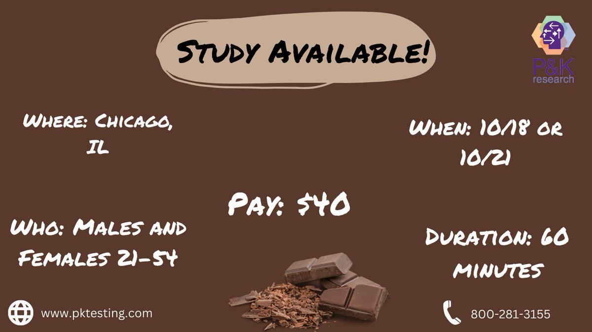 PKresearch's tweet image. Attention Chicago, IL testers! We have a in-person survey coming up soon. If interested login into your P&amp;amp;K online account or DM us for more details!
#marketresearch #paidtesting #foodreview #cashforconversation #pkresearch #Chicago #illions #chocolate #candy #focusgroups