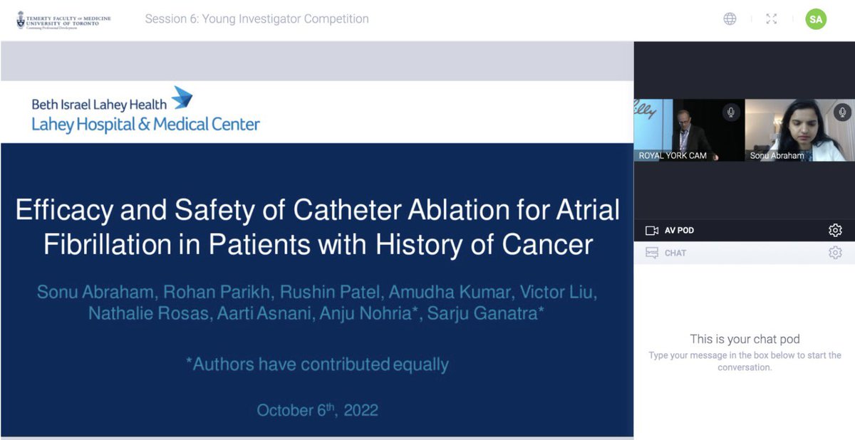 SonuAbrahamMD's tweet photo. An honor to present our paper “Efficacy and Safety of Catheter Ablation for Afib🫀in Pts with h/o Cancer 🦀” at #GCOS22 as a Young Investigator Awardee! TQ @SarjuGanatraMD for your mentorship! @RohanParikhMD @rushin311 @AmudhaKumar5 @AartiAsnaniMD #AnjuNohria https://t.co/J4meLGtLbB