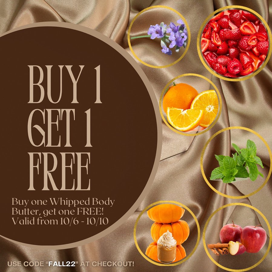 KaribbeanO's tweet photo. It’s not Thanksgiving but we’re in a giving spirit! Don’t miss our BOGO Sale on Whipped Body Butters! Buy one Whipped Body Butter, get one FREE, what’s not to love? 

Offer valid for any scent 10/6 - 10/10. Use code “FALL22” at checkout 🍁 

https://t.co/fMIAYtp6Nx https://t.co/3SQfNj29vx